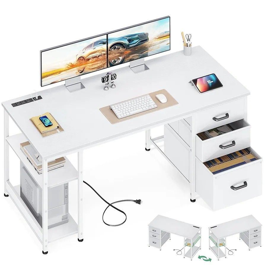 New AODK 51 Inch Computer Desk W/ File Drawers & USB Power Outlets - Reversible Home Office Desk W/ Storage Shelves, Work from Home, Modern Work/Writi