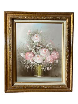Oil Painting Pink Flowers In Green Vase Signed Rossco