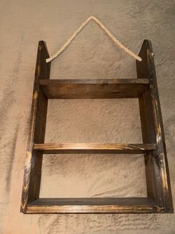 Rustic Wood Ladder Wall Shelf with Rope Hanger