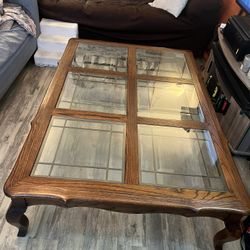 Vintage Oak Coffee Table with Inlaid Beveled Glass Panels