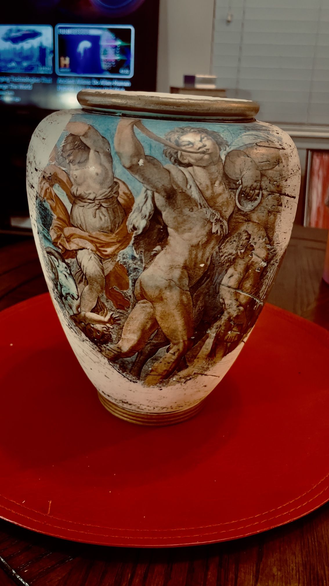 Vintage Italian ceramic vase depicting the "Triumph of Bacchus and Ariadne".