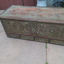 Antique Pierced Brass Large Anglo-zindian Zanzibar Trunk Chest 1875 W. Very Heavy