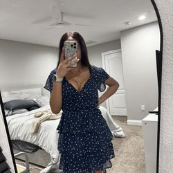 Trixxi Clothing Company Navy Blue White Polka Dot Ruffle Dress, Size Large