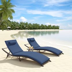 3-Piece Wicker Outdoor Adjustable Chaise Lounge with Cushion Navy [NEW] **Assembly Req** 