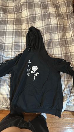 Black Graphic Hoodie with Japanese Text and Rose