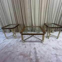 Mid Century Burl Wood And Gold Coffee Console Side And Accent Table