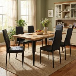 Lancelot 63" Oak Dining Table Set with 6 Ann Upholstered Chairs, Black