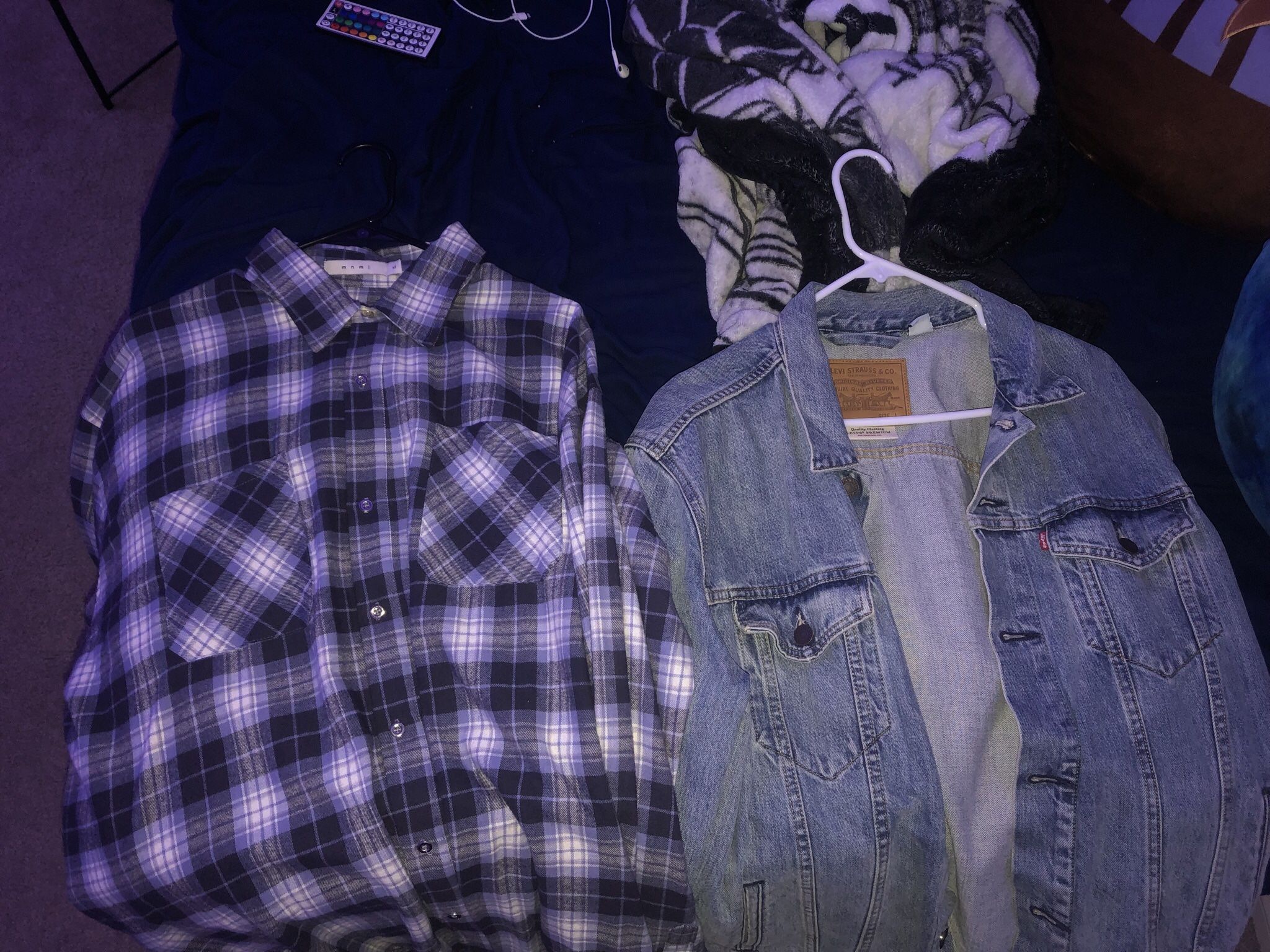 Blue & White Button Down Flannel And Light Blue Jean Jacket 