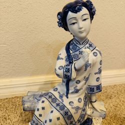 Vintage Large Ceramic Asian Girl Sitting On A Bench 