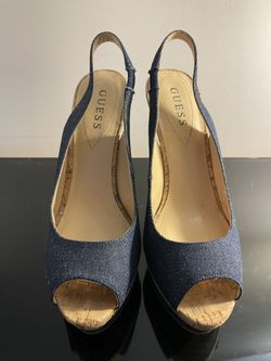 Guess Open Toe Stiletto Heels - Denim Fabric - Size 7.5