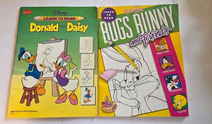1990s Disney & Looney Tunes Learn to Draw Books – Donald/Daisy + Bugs Bunny