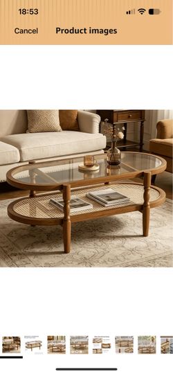 Rattan Coffee Table for Living Room, Oval Wood Glass Table, Brown, 40 inch Glass Top Coffee Table with Solid Wood Frame and Rattan Shelf, Ideal as a B