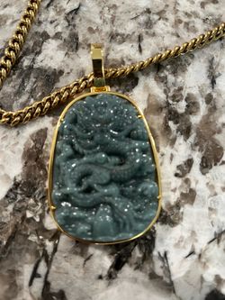 Carved Jade Dragon Pendant with Gold Chain