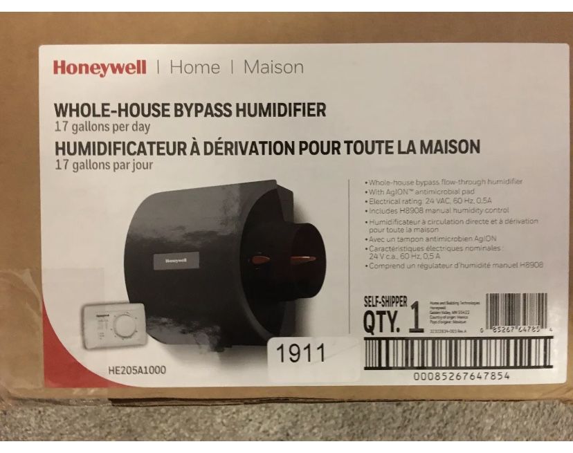 Humidifier. 17 gallon whole home bypass. HVAC, New in Box. Honeywell