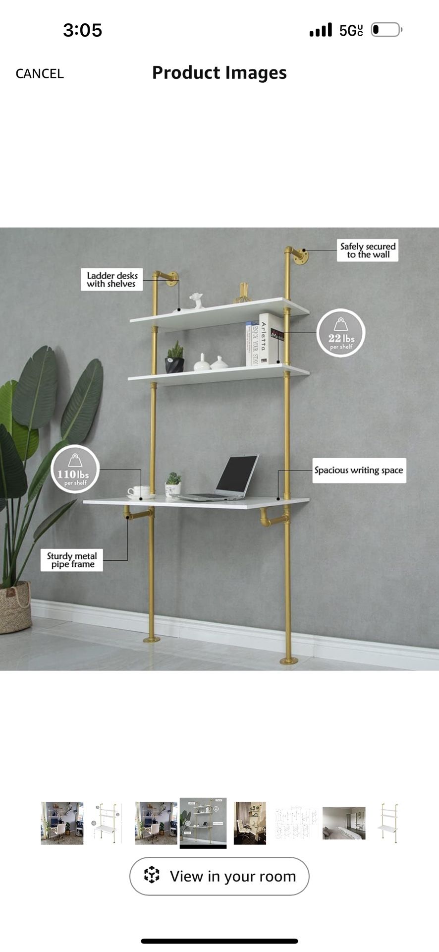 White and Gold Desk, 36" Ladder Desk, Wall Mount Computer Writing Table Pipe Shelf Shelving Mini Narrow Industrial Modern for Small Spaces(36x20x81)