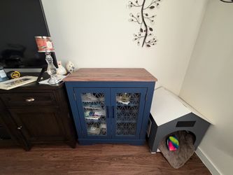 Navy Blue Accent Cabinet with Wood Top OPEN TO OFFERS