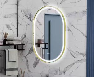 HELIO 24 in. W x 36 in. H Oval Framed LED Dimmable Anti-Fog Wall Bathroom Vanity Mirror in Brushed Gold