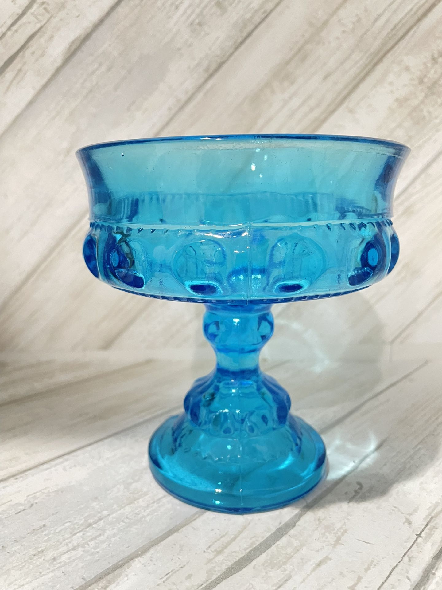 Vintage Indiana Glass Aqua Blue Thumbprint Kings Crown Compote Candy Dish