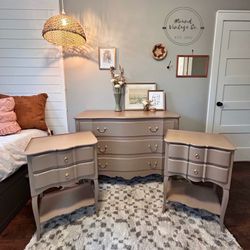 Refinished Taupe French Country Dresser and Nightstand Set