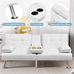 White Modern Faux Leather Convertible Futon Sofa Bed with Cup Holders