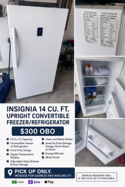 Insignia 14 Cu. Ft. Upright Convertible Freezer/Refrigerator – Like New
