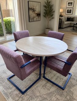 ✨ Modern Round Dining Table Set with 4 Upholstered Accent Chairs – Light Oak Finish