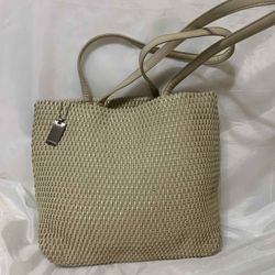 Evan-Picone Beige Woven Faux Leather Tote Shoulder Bag Classic Everyday Purse