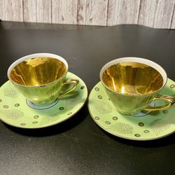 Wintering Bavaria Vintage 1940’s Bone China Green Gold Set Of 2 Demitasse Cups Saucers