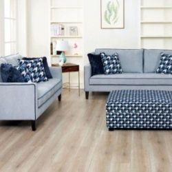 Brand New Grey & Blue Sofa & Loveseat (Pillows Included)(Ottoman Sold Separately)