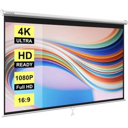 VIVOHOME Projector Screen Pull Down, 16:9 100 Inch Retractable Projection Screen, HD 4K Manual Pull