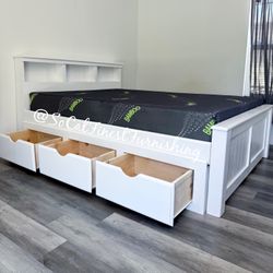 White Queen Bed With Drawers And Memory Foam Mattress 
