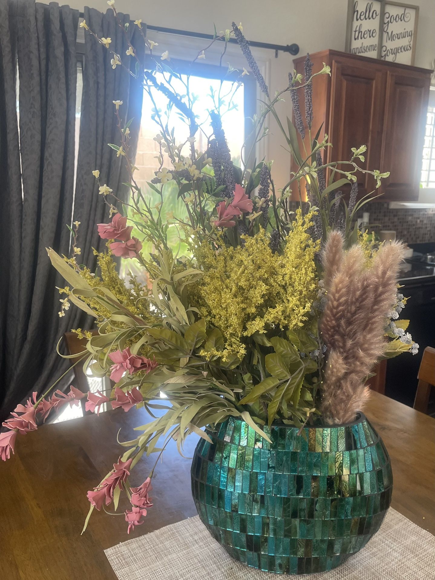 Glass mosaic blue/green vase with faux flowers included. 