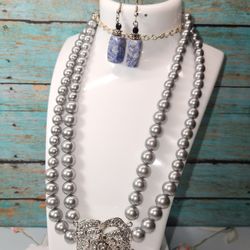 #2106, BRAZIL SODALITE, & SILVER HEMATITE NATURAL STONES, NECKLACE & EARRINGS
