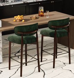 Upholstered Bar Stools Set of 2, 26″ Counter Height Bar Stools with Wood Legs, Kitchen Island Stools with Back, Linen Fabric, Curved Back, Metal Footr