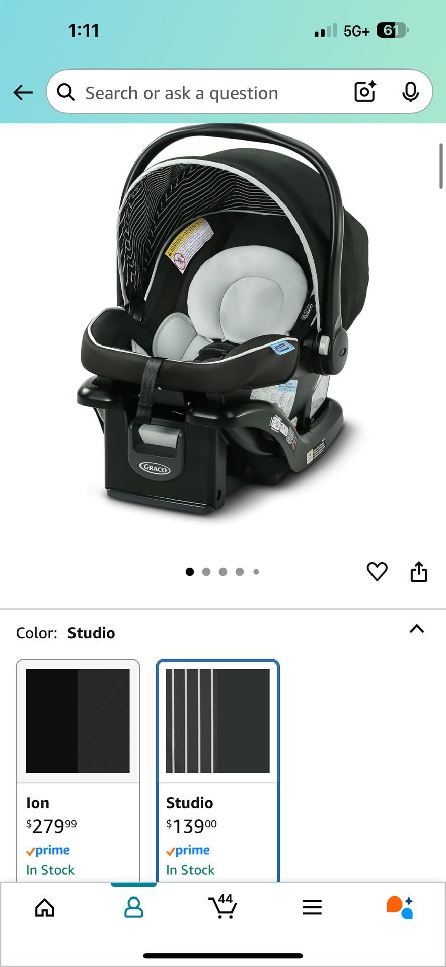 Graco SnugRide Lite LX Infant Car Seat, Rear-Facing, Lightweight, Adjustable Base, Easy Install, Studio