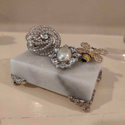 Footed White Marble Pedestal Base - Custom with Silver Ornate Feet