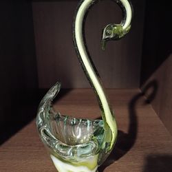 Green & White Hand blown Glass Swan