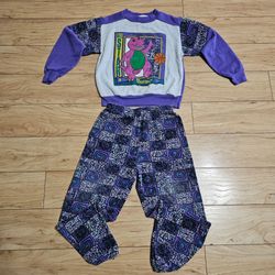 Vintage 1992 Barney the Dinosaur Kids Set Crewneck Sweatpants RARE / Unisex Kids 5/6 Medium - 50% Cotton 50% Polyester