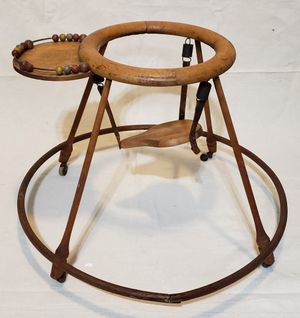 Antique Vintage Wood Leather Spring Baby Walker Stroller Doll Antique Vintage Wood Leather Spring