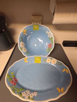 NEW 2 peice melamine blue floral serving bowl and platter set