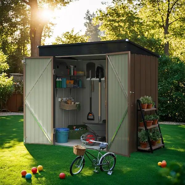 Brand New 6 ft. W x 4 ft. D Brwon Slanted-Roof Shed Galvanized Metal Shed for Outdoor Storage 24 sq. ft.，$170