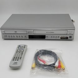 JVC, VCR/DVD player with remote and cable. Works fine.