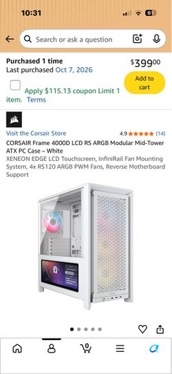 Corsair 4000D LCD RS ARGB Mid-Tower ATX Case – White
