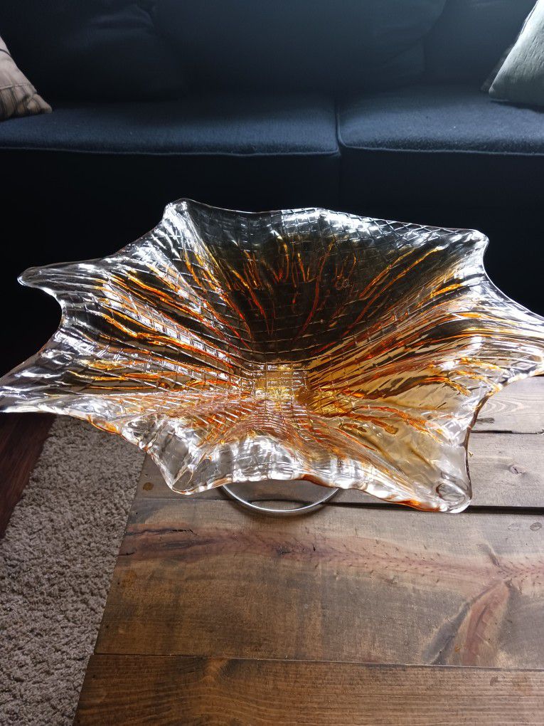 Murano marked vintage amber and clear flower art glass bowl dish home decor