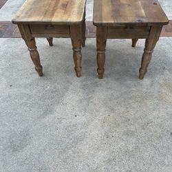 WOODEN PAIR OF SIDE TABLES WITH WROUGHT IRON HANDLES