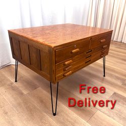 Vintage Hamilton Quarter Sawn Oak 5 Drawer Flat File Storage Desk