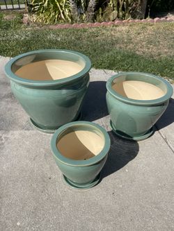 Ceramic Planters With Saucer Attached-Green Pots ($85 set of 3)