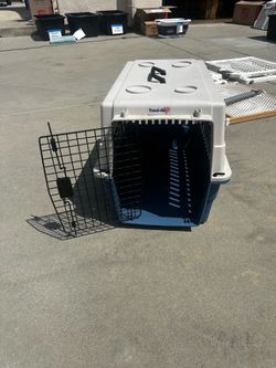 Plastic Portable Travel Dog Kennel, Tan & Blue - Pet Carrier