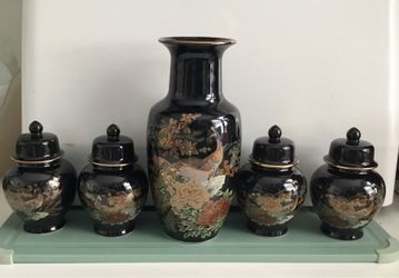 Vintage Japanese Peacock Vase and Ginger Jar Set Black & Gold