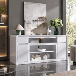 70" White Modern TV Stand for TVs Up to 80 inch, 32" Tall Entertainment Center.
